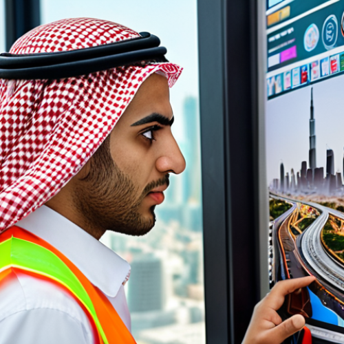 ** A young Arab individual thoughtfully gazing at a career path options board, showcasing diverse professions (engineer, artist, entrepreneur). The background should suggest a modern, bustling city reflecting ambition and opportunity. The overall feeling should be inspiring and hopeful.

**