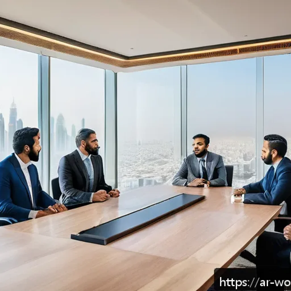 가치 기반 경력과 사회적 자본의 관계 - A professional Middle Eastern business meeting scene set in a modern office with large windows overl...