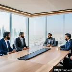 가치 기반 경력과 사회적 자본의 관계 - A professional Middle Eastern business meeting scene set in a modern office with large windows overl...