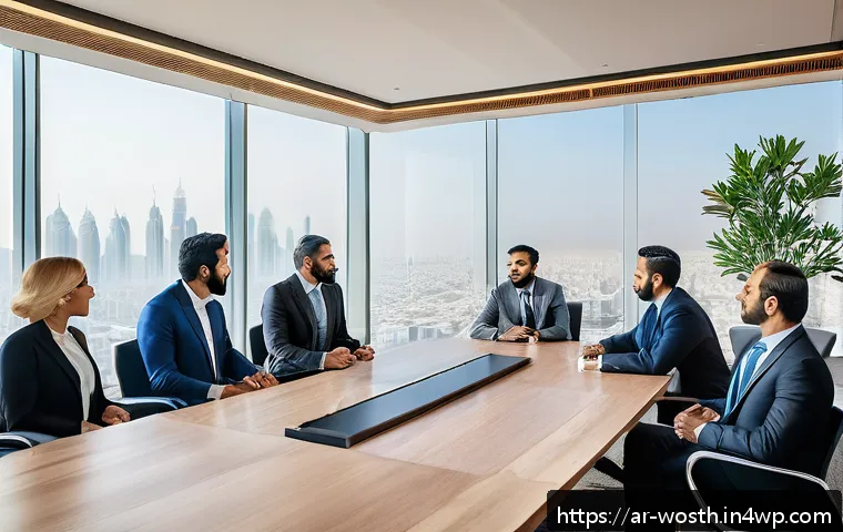 가치 기반 경력과 사회적 자본의 관계 - A professional Middle Eastern business meeting scene set in a modern office with large windows overl...