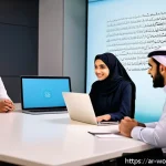 가치 기반 경력 발전을 위한 온라인 커뮤니티 - A professional virtual meeting scene depicting diverse Arab professionals in modern business attire,...