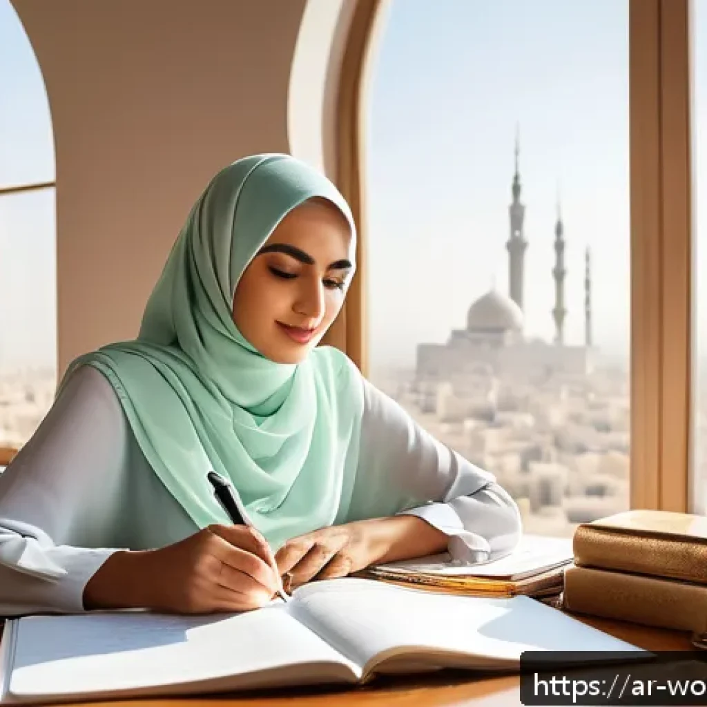 가치 기반 경력 목표 추적 시스템 구축하기 - A modern Arab professional woman sitting at a stylish wooden desk in a bright, airy office decorated...