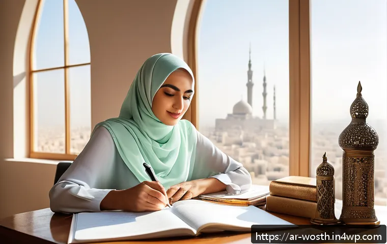 가치 기반 경력 목표 추적 시스템 구축하기 - A modern Arab professional woman sitting at a stylish wooden desk in a bright, airy office decorated...